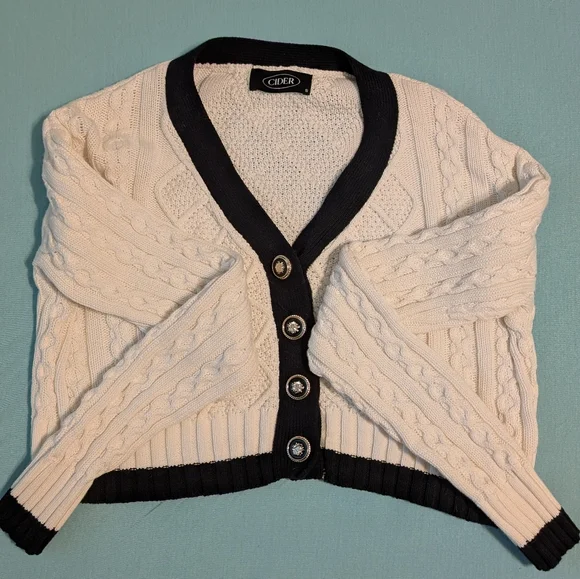 Cider White Cropped Cable Knit Cardigan with Black Trim (Women's S) - Picture 1 of 3